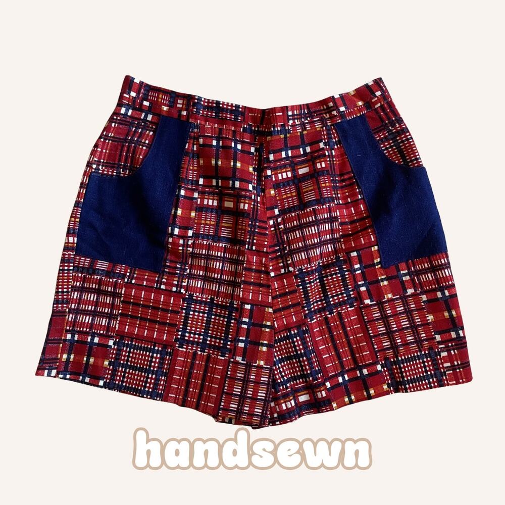 Handsewn plaid shorts, size 8-10, red and blue